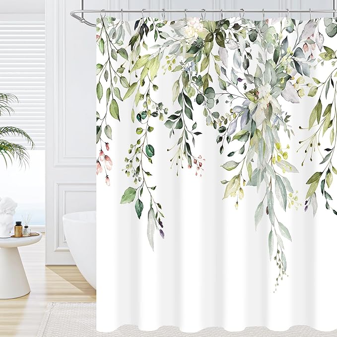 Extra Long Eucalyptus Shower Curtain 72 x 96 Inch, Sage Green Botanical Floor to Ceiling X-Long Shower Curtain, Watercolor Plant Leaves with Floral Decorative Bathroom Curtain with Hooks