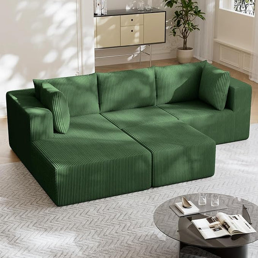 108" Boneless Couches for Living Room, Modular Cloud Couch Sofa - 4 Pieces U Shap Corduroy Sectional Sofa, Fluffy Memory Foam Sleeper Sofa Furniture, No Assembly, Wide Armrest, Green
