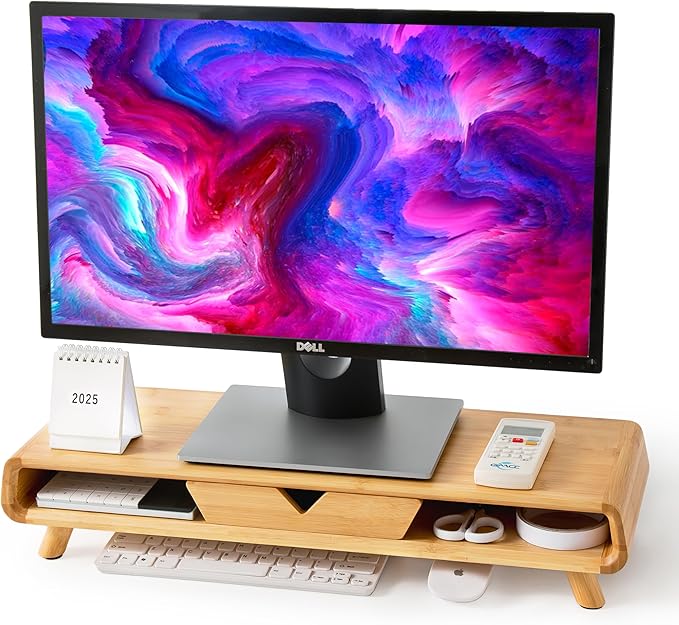 Homerays Bamboo Monitor Stand Riser, No Assembly Required Exquisite Monitor Stand with Drawer Ergonomic Height Wood Monitor Stand