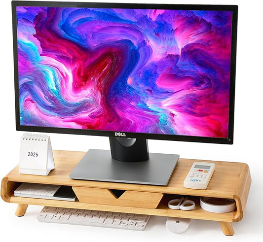 Homerays Bamboo Monitor Stand Riser, No Assembly Required Exquisite Monitor Stand with Drawer Ergonomic Height Wood Monitor Stand