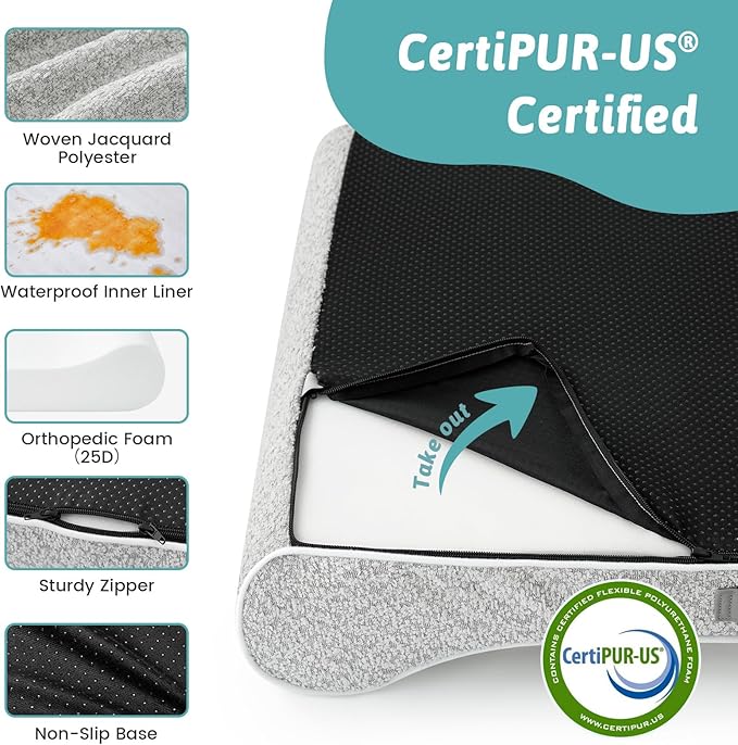 Orthopedic Dog Bed for Extra Large Dogs up to 140 lbs - Removable Washable Cover with Waterproof Lining, Cotton-Polyester Blend Boat-Shaped Lounger Mattress, XL(51x36x8in), Light Gray