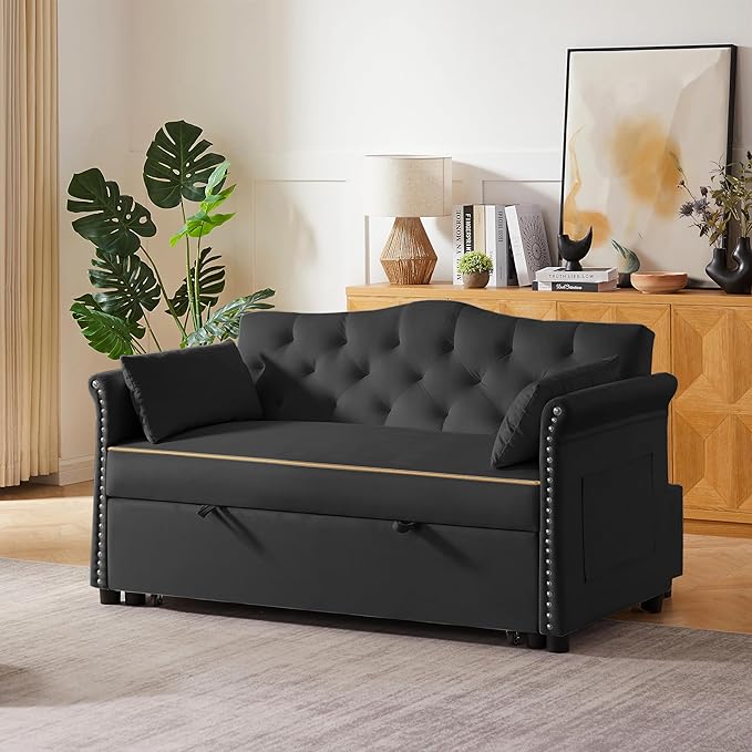 57'' Convertible Sleeper Sofa Bed with Adjustable Backrest, Chaise Lounge, 2 Pillows & Side Storage Pockets – Stylish & Functional Furniture for Living Room or Small Spaces (Black Sofa Bed)
