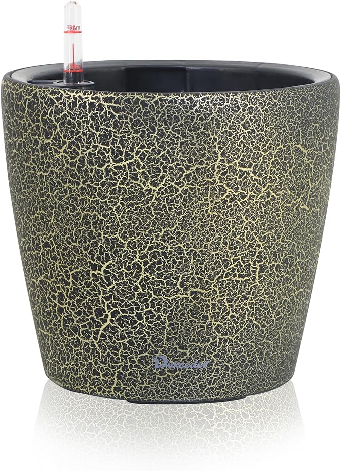 Dexceder 9x8 Inches Self Watering Planter Indoor Outdoor, Inner Pot Design, Thickened Table Flower Plant Pot with Water Level Indicator (Black Gold Crackle)