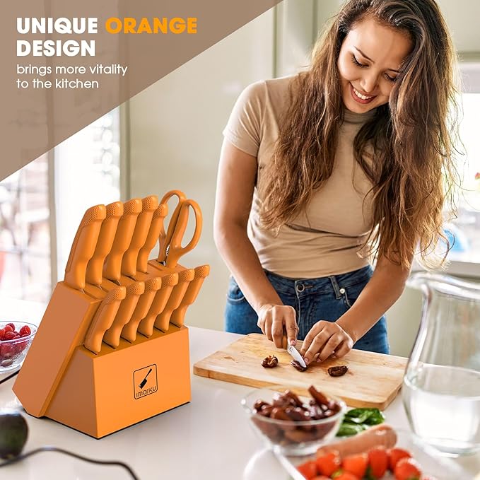 imarku® Knife Set, Sharp Block Knife Set with Built-in Sharpener, Japanese Stainless Steel with Non-Slip Ergonomic Handle, Dishwasher Safe, Kitchen Gift for Man Woman, Best For Home gift, Burnt Orange