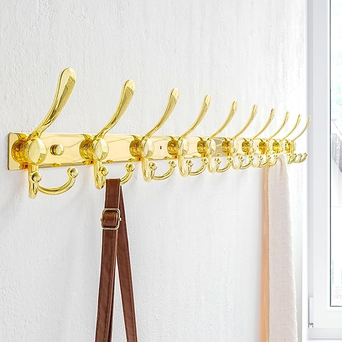 Dseap MaxStrong 2.0 Coat Rack Wall - 37” Long 10 Tri Hooks - Ultra Heavy-Duty Stainless Steel Wall Mount Coat Hanger, Hook Rail for Clothes Hats Jacket Towels Gold, Pack of 2