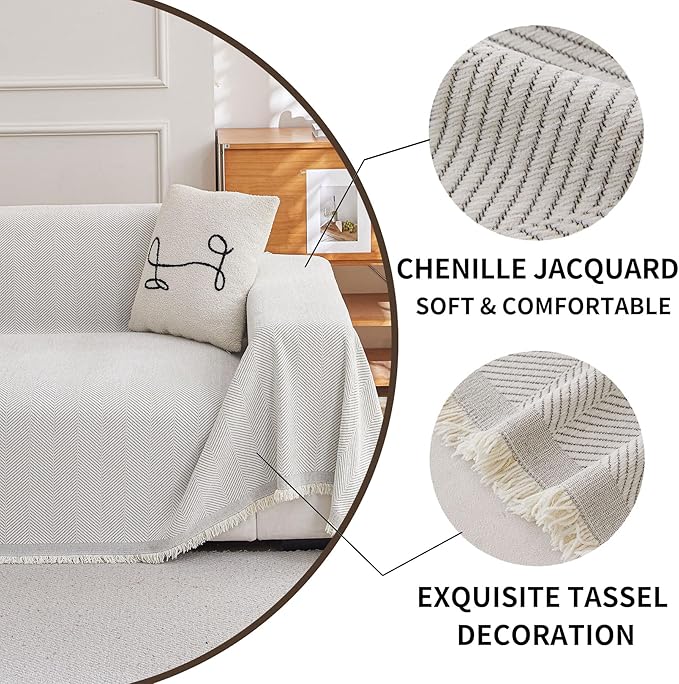 HAOMAIJIA Non Slip Couch Cover Sofa Covers for 3 Cushion Couch Washable sectional Couch Covers for Dogs pet Furniture Protector Couch Cover Blanket for Living Room (Off White, 91"x118")