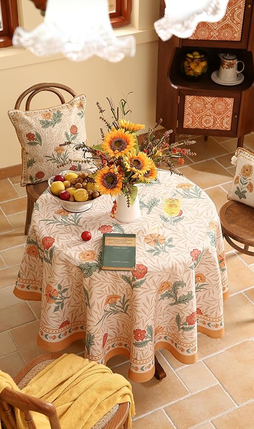 patdrea Designer Small Yellow Floral Linen Table Cloth for Round Table,Durable Breathable Tablecloth,Fall Dacorative for Kitchen Dining,Holiday Christmas,Thanksgiving,Diameter 55"-Cornflowers