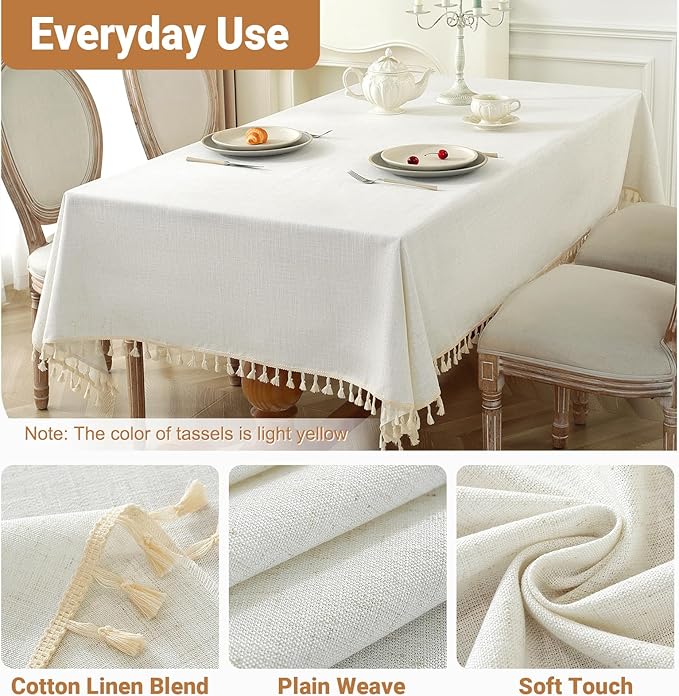 Textured Table cloth for Rectangle table, Heavy Duty Farmhouse Tablecloth Solid Cotton Linen Waterproof Wrinkle Free Burlap Tables Cover for Kitchen Dining,Party, Ivory 55''x120'',10-12 Seats