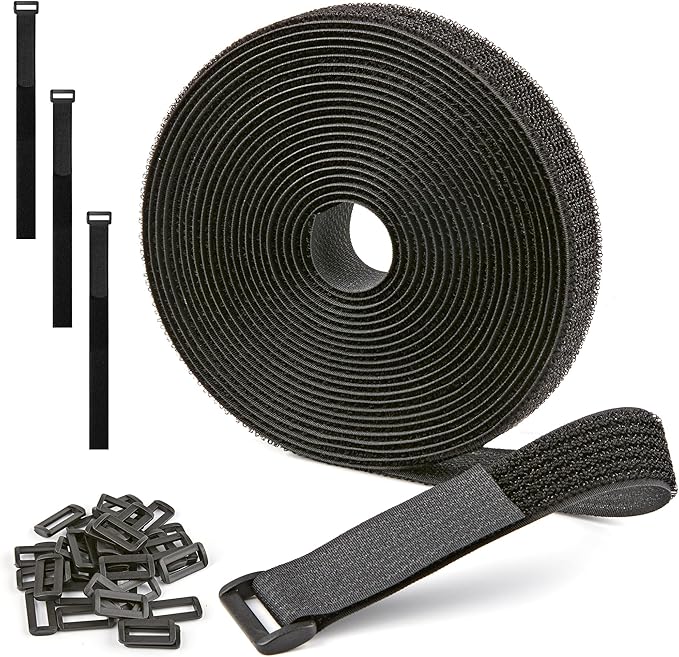 1" x 15ft Nylon Hook and Loop Cable Straps Roll with 20 Plastic Buckles - Reusable, Adjustable, Cut-to-Length for Organizing Cords, Wires & Storage Solutions