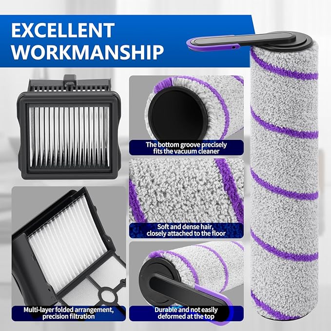 keluke 6 Pack Replacement Roller Brush and Vacuum Filters Compatible with Narwal S20 Pro Wet Dry Vacuum Cleaner,Vacuum Accessories Kit 2 Roller Brush，4 HEPA Filters for Home Cleaning