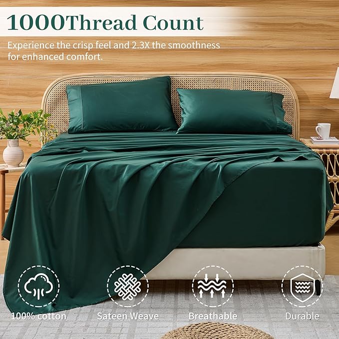Bedlifes Deep Pocket Sheets 18-24 Inch, King Size Egyptian Cotton 1000 Thread Count, 4-Piece - Fits Extra Thick Mattresses, Cooling & Breathable (Dark Green)
