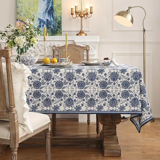 patdrea Designer Vintage Blue Long Rectangle Tablecloth,Linen Anti-Wrinkle Paisley Pattern Farmhouse Table Cloth,Decor Table Cover for Kitchen Dining,Christmas,Thanksgiving,63"x102"-Lantang a