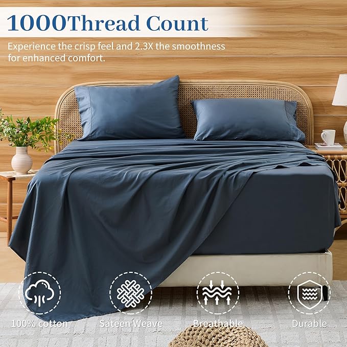 Bedlifes Deep Pocket Sheets 18-24 Inch, California King Size Egyptian Cotton 1000 Thread Count, 4-Piece - Fits Extra Thick Mattresses, Cooling & Breathable (Lake Blue)