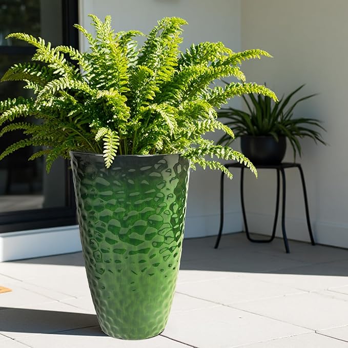 Worth Garden 14" Dia x 24" H Large Plastic Planters with Drainage Hole, Set of 2 Hammered Texture Green Glossy Smooth Finish, Tall Round Decorative Flower Plant Pot for Indoor Outdoor, Front Porch