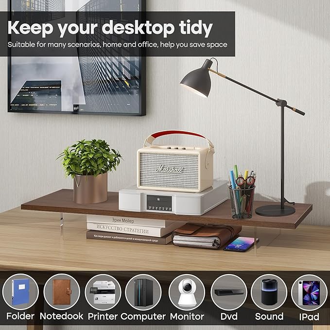 Monitor Stand Riser,Wood & Acrylic Computer Monitor Stand with LED Strip Light,Desk Accessories Desktop Organizer Stand for Computer,Laptop,Printer,PC & TV Screen