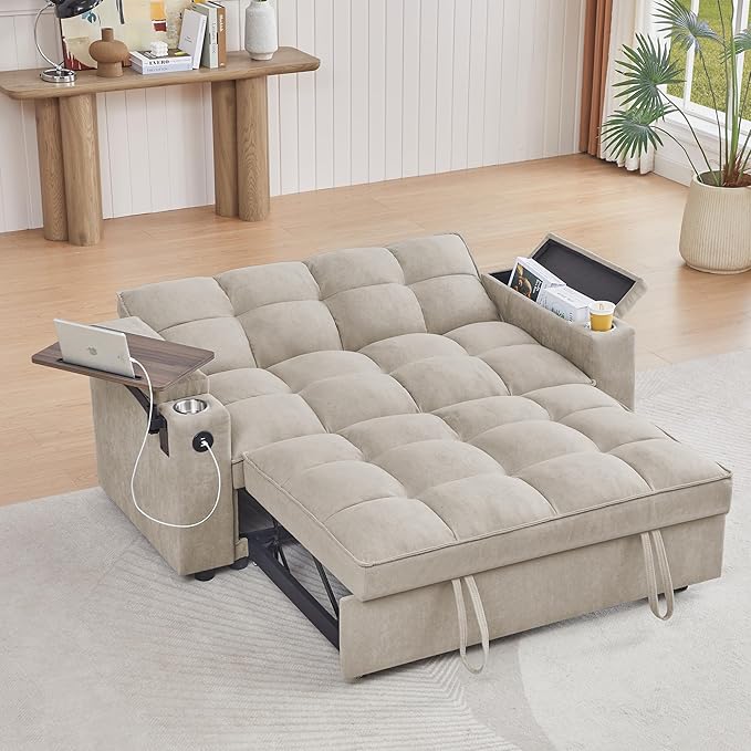 65" Cloud Couch Sleeper Sofa Bed with USB Charging Port & Side Pocket, Chenille Fabric Pull-Out Sofa with Thick Cushions, High Resilience Foam & Pillows for Living Room, Apartment, Small Spaces