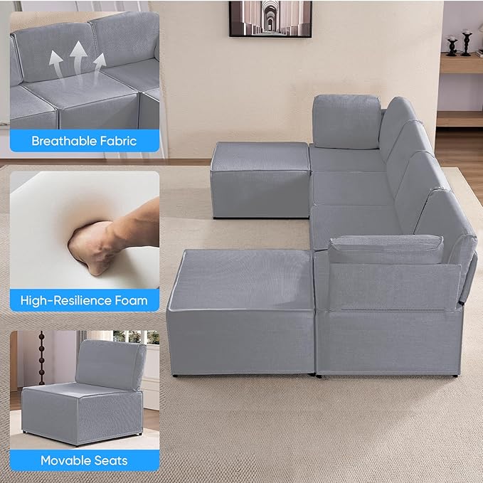 Mjkone 116'' Modular Sectional Sofa, 6-Seat Convertible U-Shaped/L-Shaped Deep Seat Couch with High Density Memory Foam Cushions, Ergonomic Backrests and 2 Movable Ottomans for Living Room, Light Gray