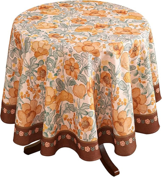 Vintage Linen Round Tablecloth,Italian Orange Floral Soft and Wrinkle Free Tablecloths,Decorative Table Cover for Kitchen,Dining,Tea Party,Home,Christmas,Diameter 67"-Positano