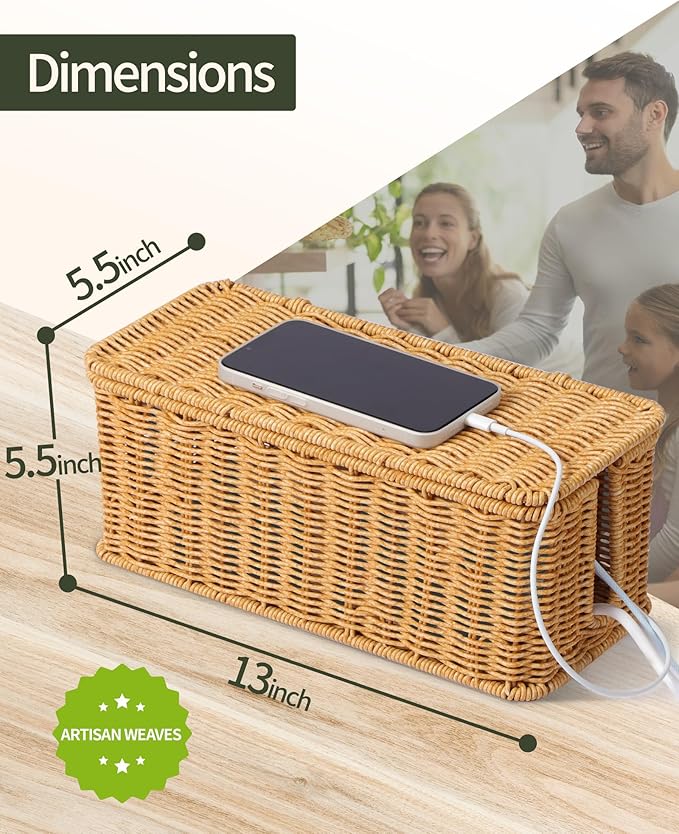 YECAYE Handwoven Rattan Style Cable Management Box, Decorative Storage Cord Organizer Box for Power Strips & Cords, Cord Hider for Home, Kids & Pet Safety, DIY-Friendly Cord Management