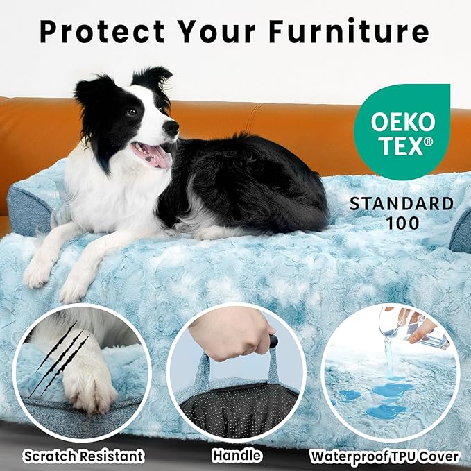 Calming Dog Couch Bed for Large Dogs, 41 x 37 inch Waterproof Removable Pet Mat Couch Cover for Furniture Protector, Non-Slip Fluffy Pelsbarn Dog Bed for Couch, Sofa, Outdoor - Tie-Dye Blue