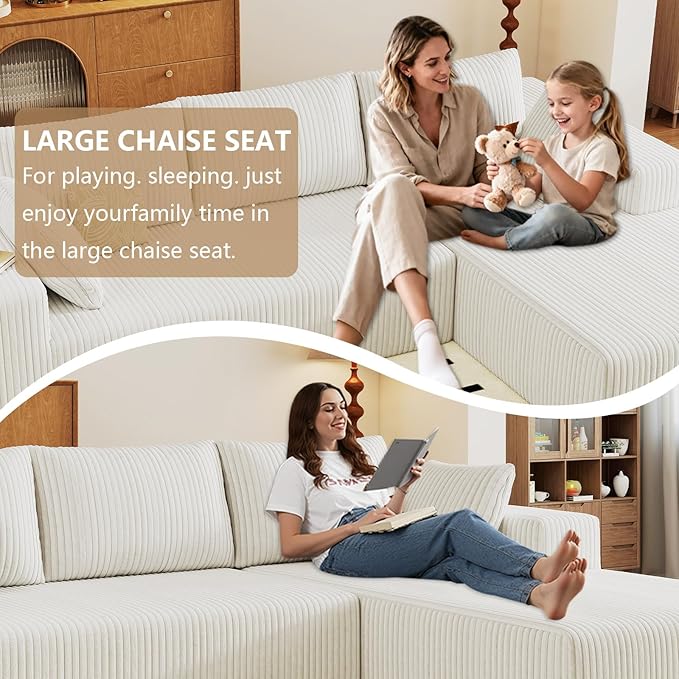 96" Modular Sectional Couch, Boneless L Shaped Cloud Sofa with Chaise Lounge, Corduroy Upholstered Couches Memory Foam Deep Seat, No Assembly Required, Ideal for Living Room(White, Right Facing)