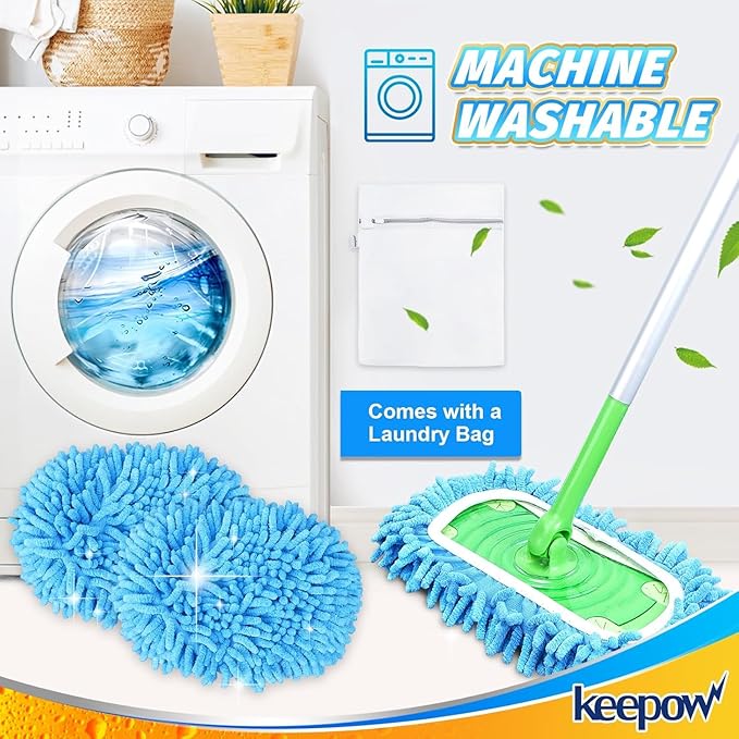 KEEPOW Reusable Microfiber Mop Pads Compatible with Swiffer Sweeper & Mop Deluxe 2-in-1, Wet & Dry Mopping Cloths for All Floors, Compatible with Swiffer Dry Sweeping Cloths for Cleaning (6 Pack)