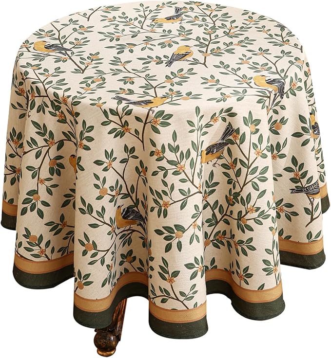 patdrea Designer Vintage Linen Round Table Cloth,Durable Breathable Cover Fall Dacorative Tablecloth,Decor Table Cover for Kitchen Dining,Holiday Christmas,Thanksgiving,Diameter 67"-Warbler