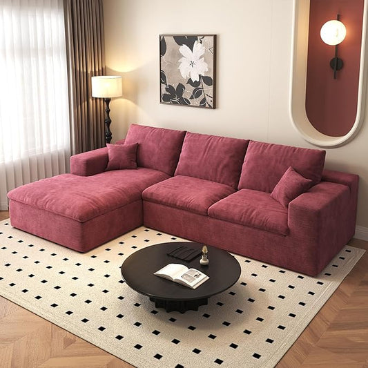 107'' L-Shaped Modern Modular Sectional Cloud Couch, 4-Seat Chenille Deep-Seat Sofa with Pillow for Living Room, Bedroom, Apartment, Wine Red