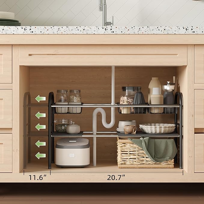 NETEL Under Sink Organizers and Storage, 2 Tier Expandable Under Cabinet Organizer Shelf with 4 Baskets and 4 Panels, Expandable Shelf for Cupboard, Kitchen, Bathroom, Shoe Storage Rack