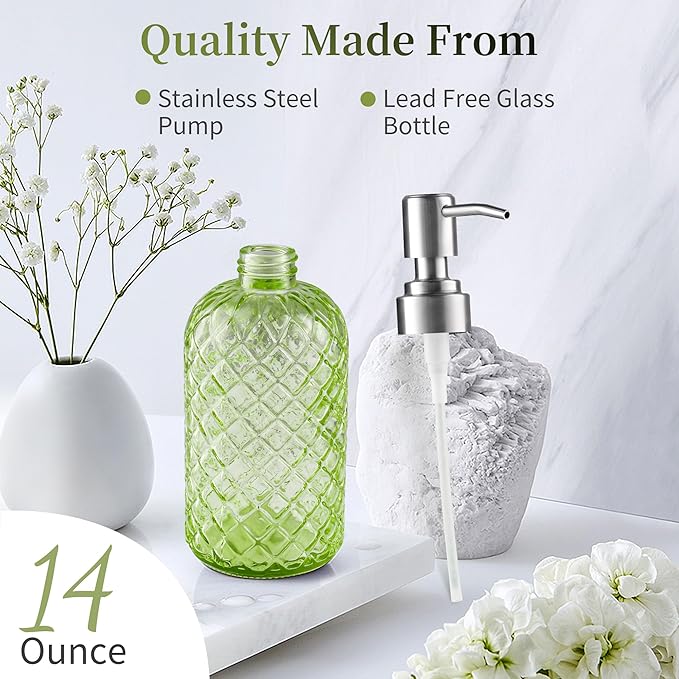 14 Oz Refillable Glass Soap Dispenser with Rust Proof Stainless Steel Pump, for Dispense Hand soap, Body wash, Lotion (Green)