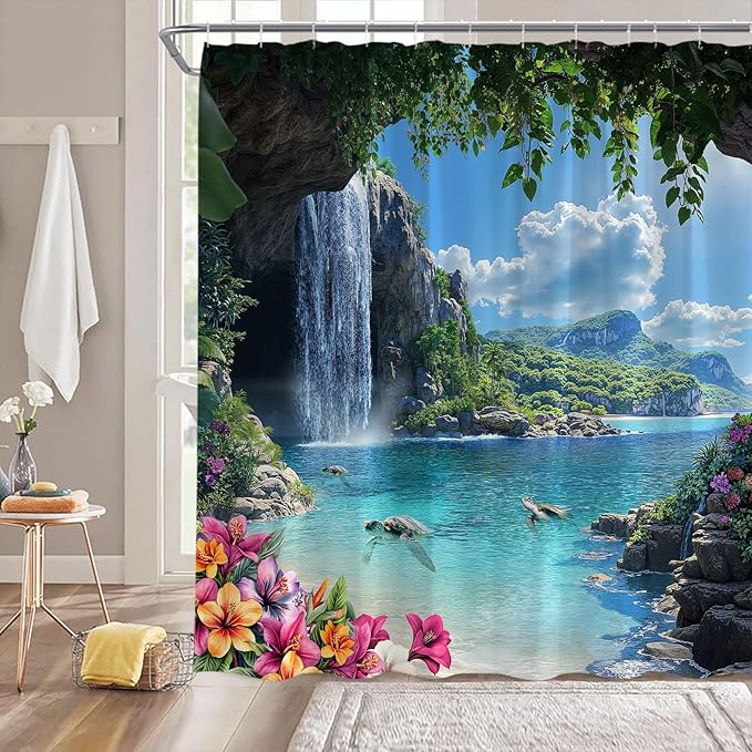 Waterfall Coastal Shower Curtain Sea Turtle Tropical Rainforest Beach Flower Leaves Mountain Jungle 47" Wx70 H Fabric Bathroom Decor Curtain with Hooks
