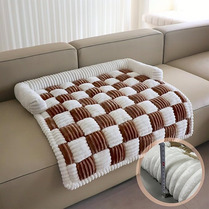 Couch Covers for Dogs and Cats, Fuzzy Dog Sofa bed with Cream Square Plaid, Plush Pet Couch Cover Bed, Thickened Quilted Furniture Protector Mat for Large Medium Pets (Dark Brown 35.43"*35.43")