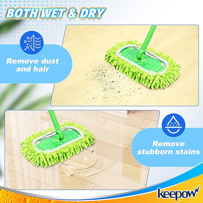 KEEPOW Reusable Microfiber Mop Pads Compatible with Swiffer Sweeper & Mop Deluxe 2-in-1, Wet & Dry Mopping Cloths for All Floors, Compatible with Swiffer Dry Sweeping Cloths for Cleaning (2 Pack)