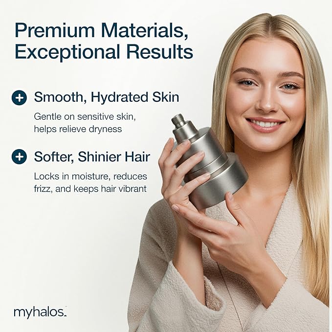 MyHalos® Filtered Shower Head for Hard Water Filter - High Pressure, Removes Chlorine - Shower Head Filter for Hard Water Softener Showerhead, Easy Install, For Hair & Skin, Filtering (Brushed Metal)