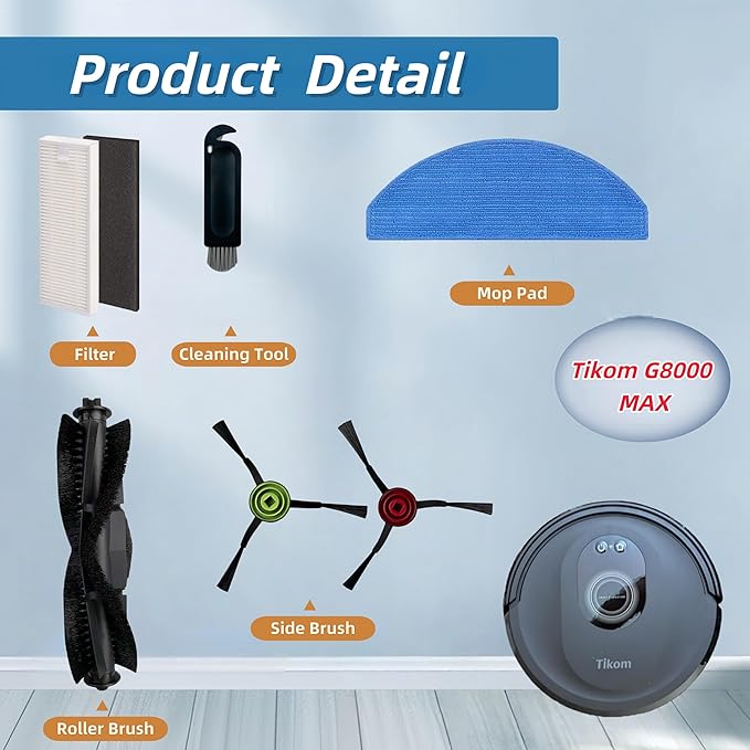 Replacement Parts Compatible with Tikom G8000 MAX Tikom L8000 Pro (2025 Year Versions) Robot Vacuum Cleaner Spare Parts Accessories, 1 Main Roller Brush, 4 Side Brushes, 4 Hepa Filters, 3 Mop Pads