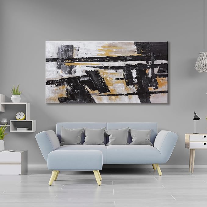 Black Abstract Wall Art Decor Grunge Room Decor Art Black Canvas Wall Decoration 24" x 48" Painting Black And Gold Artwork for Bedroom Home Office Dining Room Decoration