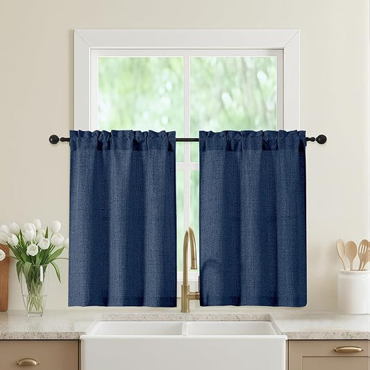 Navy Blue Kitchen Curtains 36 Inch Length 2 Panels, Light Filtering Farmhouse Faux Linen Textured Short Curtains for Windows, Small Curtain Tier for Cafe Cabinet Bathroom RV Camper, 30Wx36L