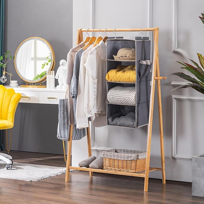 YOUDENOVA Hanging Closet Organizer, 4-Shelf Closet Hanging Storage Shelves, Grey