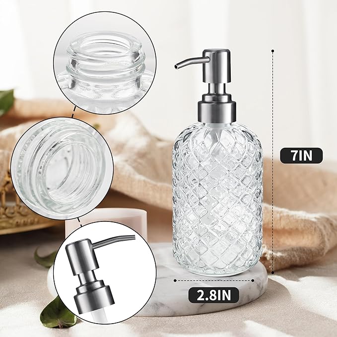 14 Oz Refillable Glass Soap Dispenser with Rust Proof Stainless Steel Pump, for Dispense Hand soap, Body wash, Lotion 2pack