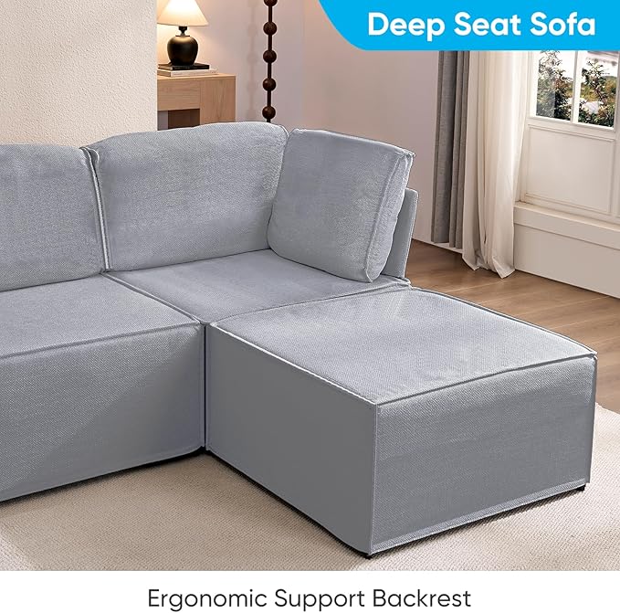 Mjkone 116'' Modular Sectional Sofa, 6-Seat Convertible U-Shaped/L-Shaped Deep Seat Couch with High Density Memory Foam Cushions, Ergonomic Backrests and 2 Movable Ottomans for Living Room, Light Gray