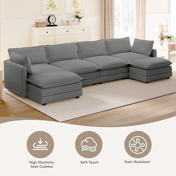 ROWHY 148'' Sectional Cloud Couch with 2 Ottomans, Oversized 4 Seat Sleeper Sofa with 2 Throw Pillows, Convertible Upholstered U Shaped Cozy Sofa Furniture Set for Living Room and Office, Dark Grey