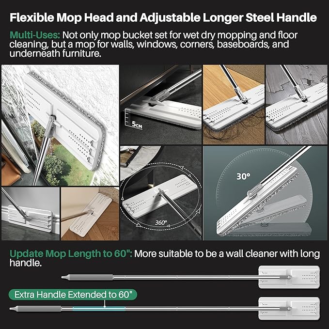 JOYMOOP Mop and Bucket Set with Wringer, Dust Mops for Floor Cleaning, Wall Cleaner with Long Handle,Wet and Dry Use - 8 Microfiber Mop Pads