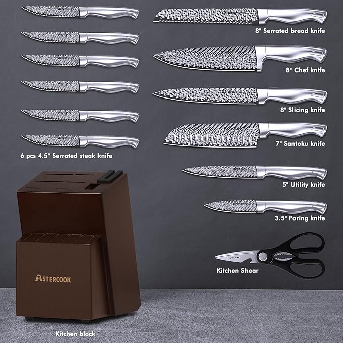 Knife Set, Astercook 15 Pieces Kitchen Knife Set with Built-in Sharpener, German Stainless Steel Knife Block Set, Razor-Sharp Knives with Full-tang Handle, Dishwasher Safe, Silver