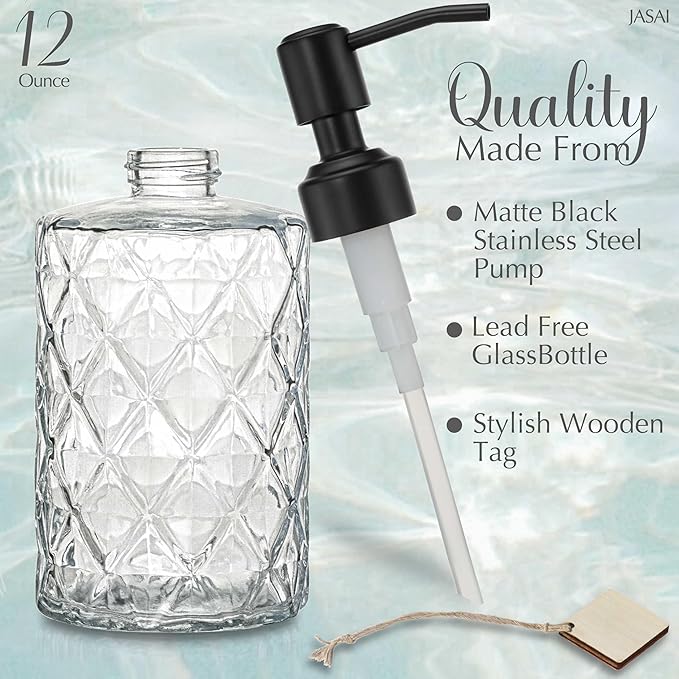 JASAI Diamond Design 12 Oz Glass Soap Dispenser with Black Pump, Small Hand soap Dispenser with Rust Proof Pump, Bathroom Soap Dispenser for Hand Soap, Soap, Lotion(Black).