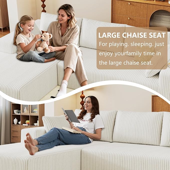 96" Modular Sectional Couch, Boneless L Shaped Cloud Sofa with Chaise Lounge, Corduroy Upholstered Couches Memory Foam Deep Seat, No Assembly Required, Ideal for Living Room(White, Left Facing)