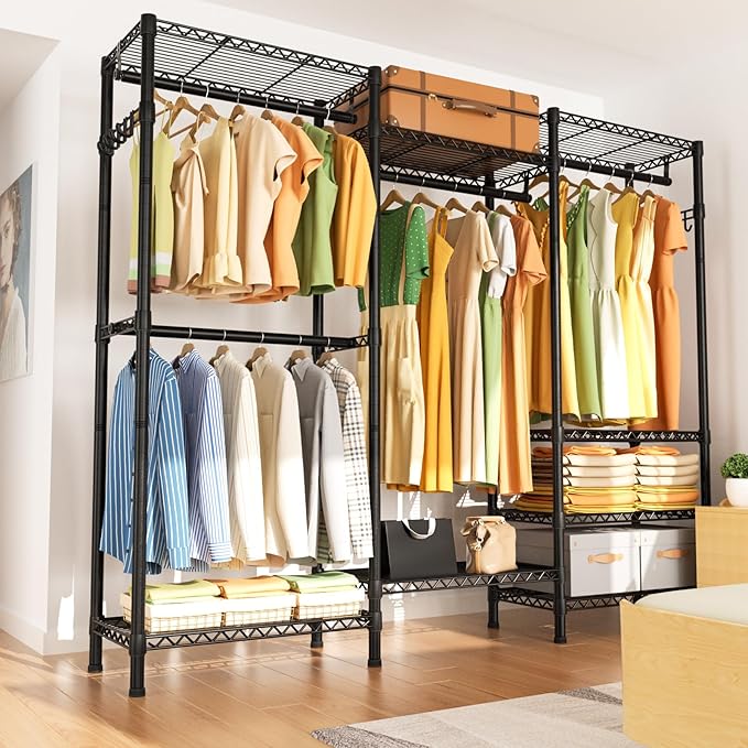 Heavy Duty Garment Rack Large Clothes Rack,Freestanding Closet Portable Clothing Rack with 8 Adjustable Wire Shelves and 4 Hang Rods,Metal Closet Storage Wardrobe Organizer System,Max Load 800lbs