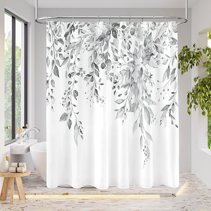 Extra Long Eucalyptus Shower Curtain 72 x 96 Inch, Grey Botanical Floor to Ceiling X-Long Shower Curtain, Watercolor Plant Leaves with Floral Decorative Bathroom Curtain with Hooks
