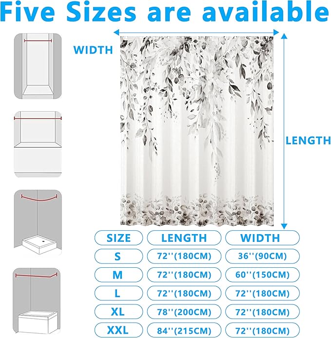 Grey Eucalyptus Leaves Shower Curtain for Bathroom:Aesthetic Art Watercolor Plant Shower Curtains Sets with Hooks,Waterproof Fabric Decor 60x72 inches.