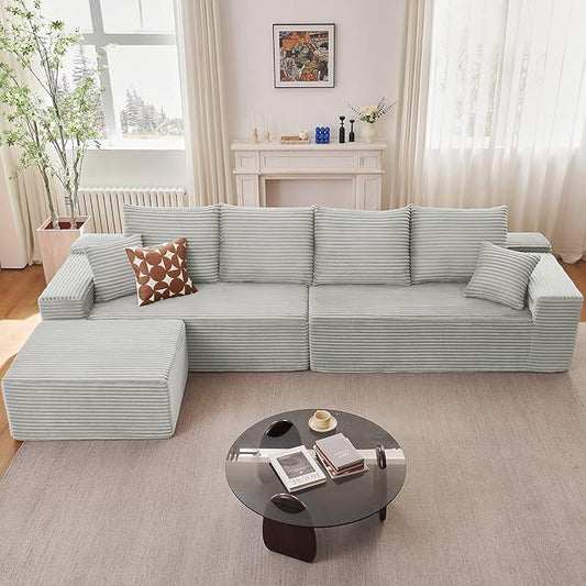 140" L Shaped Cloud Sectional Couch for Living Room, Modular Floor Deep-Seat Sofa, Big Comfy Corduroy Couches Set with Fluffy Memory Foam for Living Room Bedroom, No Assembly Required, Grey