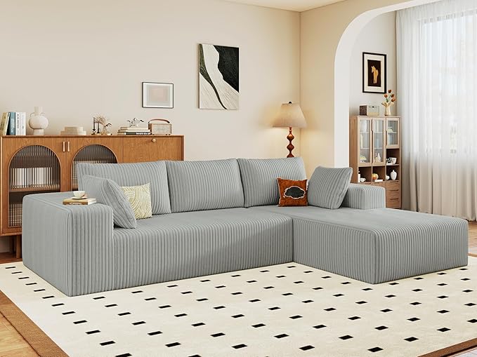 96" Modular Sectional Couch, Boneless L Shaped Cloud Sofa with Chaise Lounge, Corduroy Upholstered Couches Memory Foam Deep Seat, No Assembly Required, Ideal for Living Room(Light Gray, Right Facing)